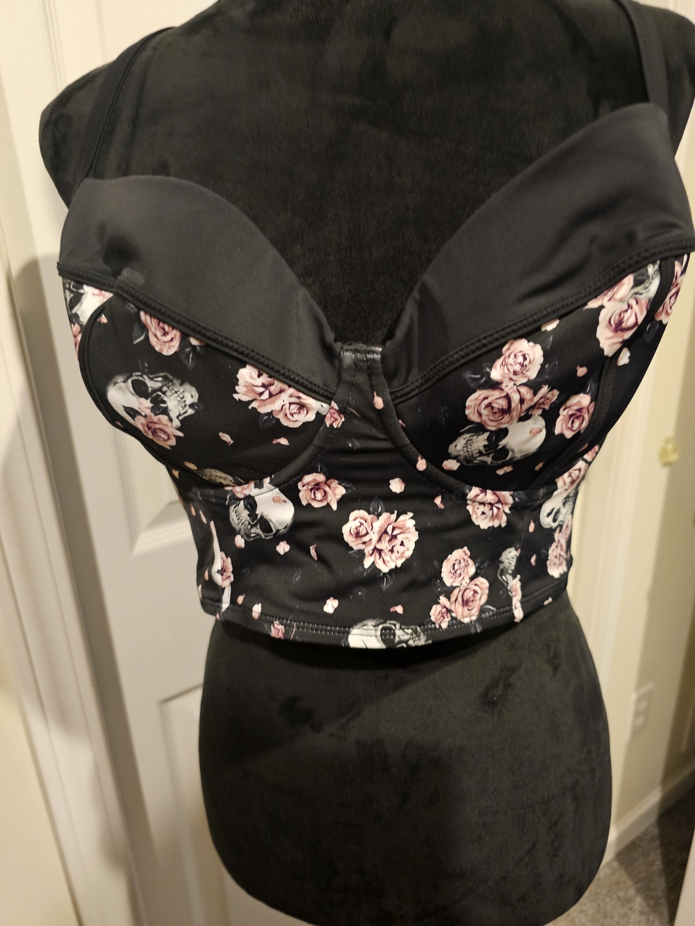 Black Floral & Skull Bustier Bikini Set with Pink Roses